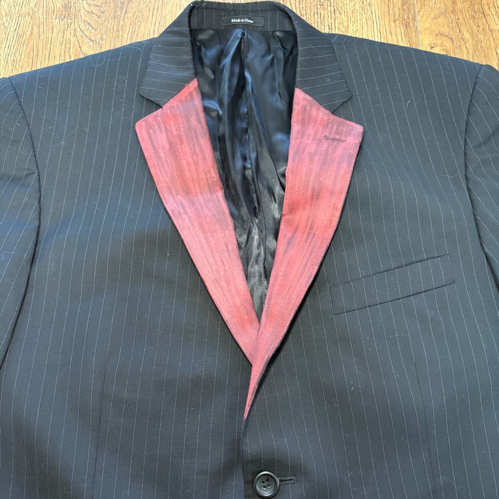 Pronto Uomo Mens 44R Black Pinstripe 100%‎ Wool Blazer Red Painted Lapel Jacket - Picture 2 of 8